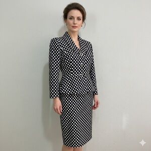 Vtg Albert Nipon Polka Dot Skirt Suit Set Peplum Jacket Rhinestone Buttons